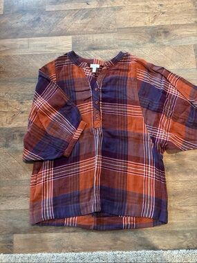 Garnet Hill Rust and Navy Plaid Henley Top